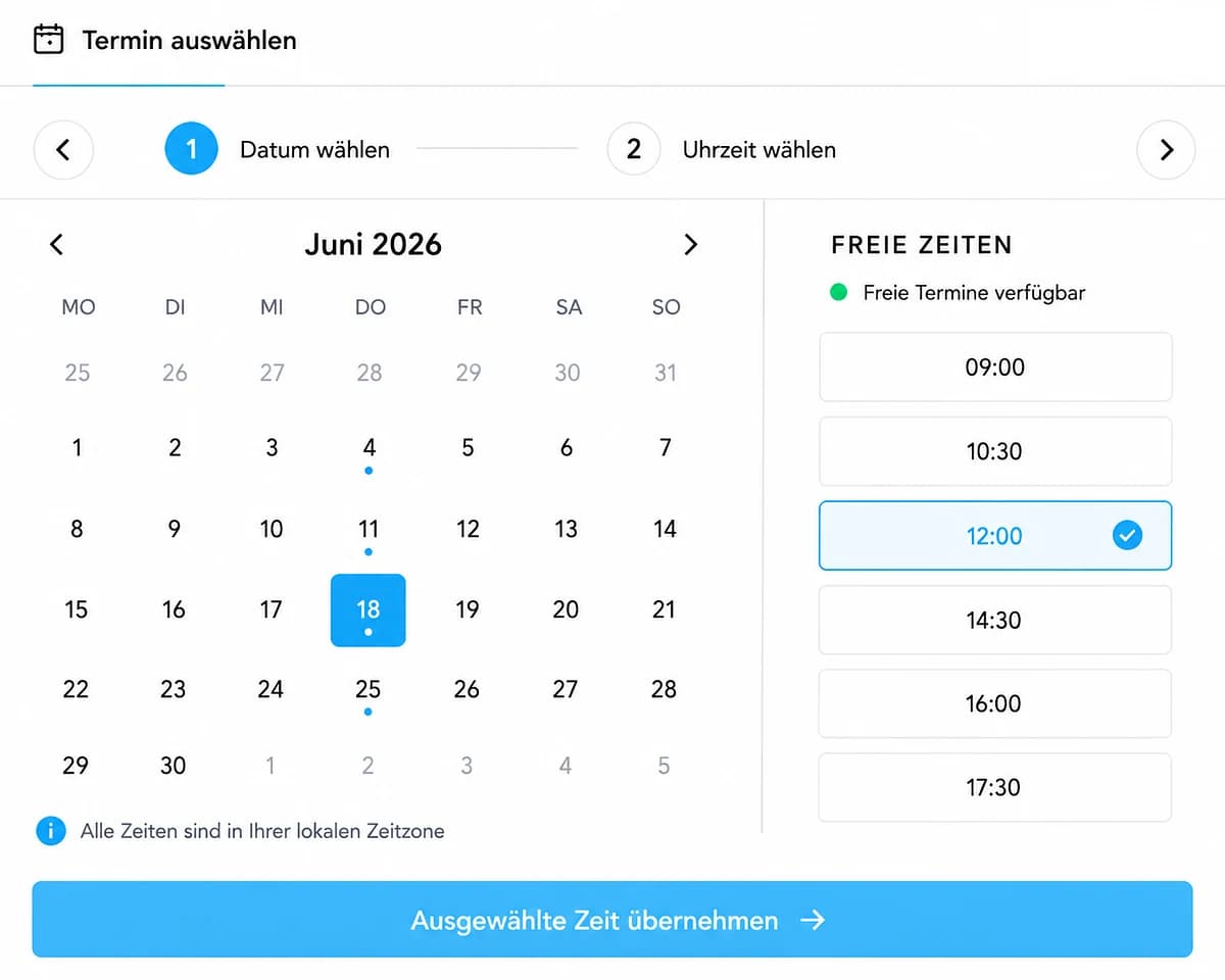 Terminwahl in zwei Schritten: links ein Monatskalender mit einem gewählten Tag und Punkten an den Tagen mit freien Zeiten, rechts die Uhrzeiten zur Auswahl, darunter eine Schaltfläche