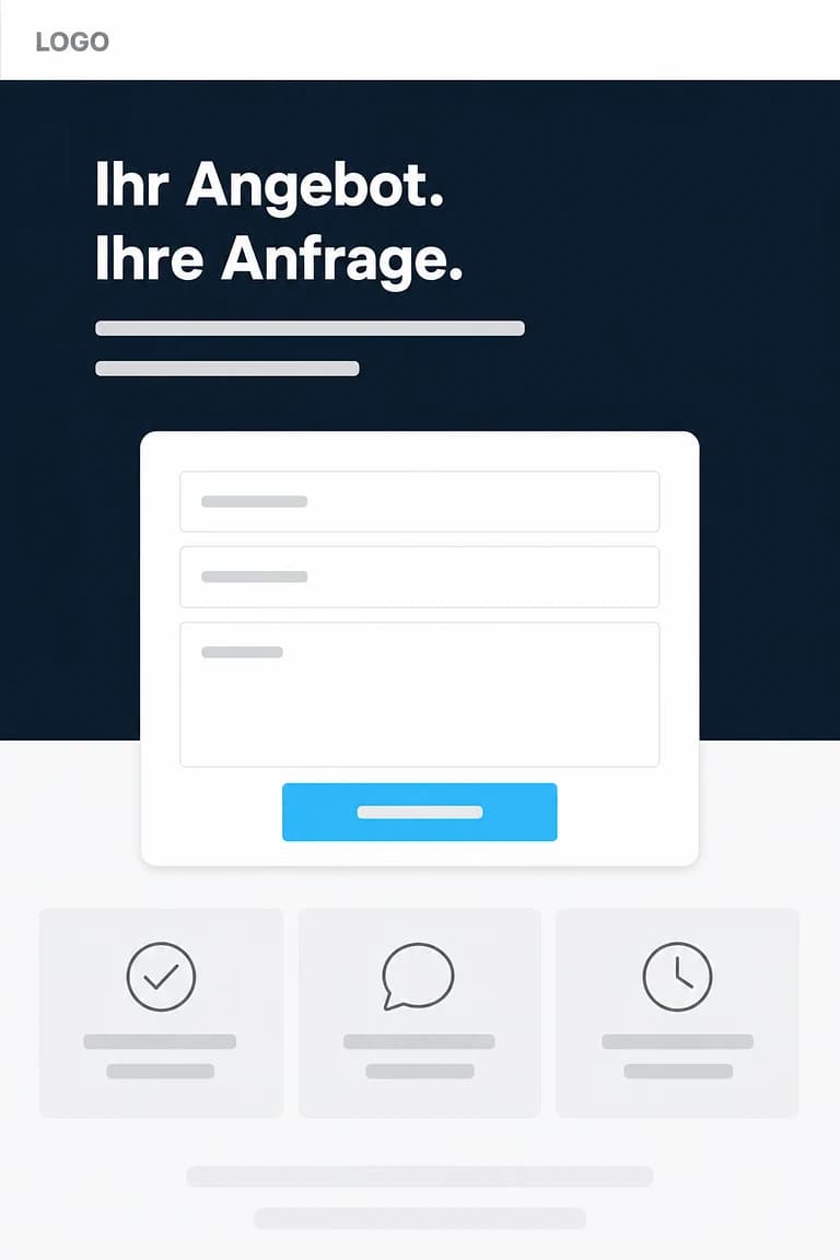 Landingpage für eine Anfrage: dunkler Kopfbereich, davor ein Formular mit drei Feldern und einer Schaltfläche, darunter drei Kacheln