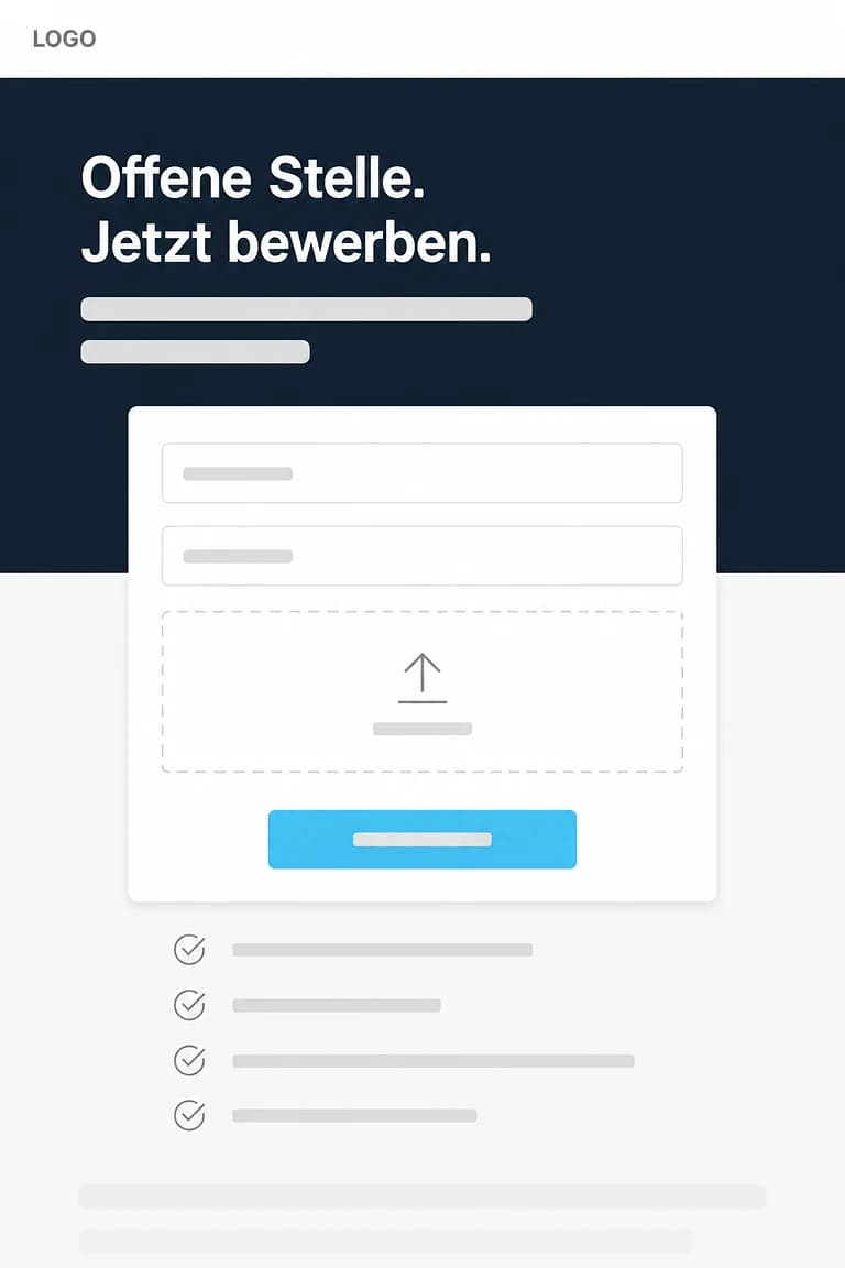 Landingpage für eine Bewerbung: Formular mit zwei Feldern, einem Feld zum Anhängen der Unterlagen und einer Schaltfläche, darunter eine Liste mit Häkchen