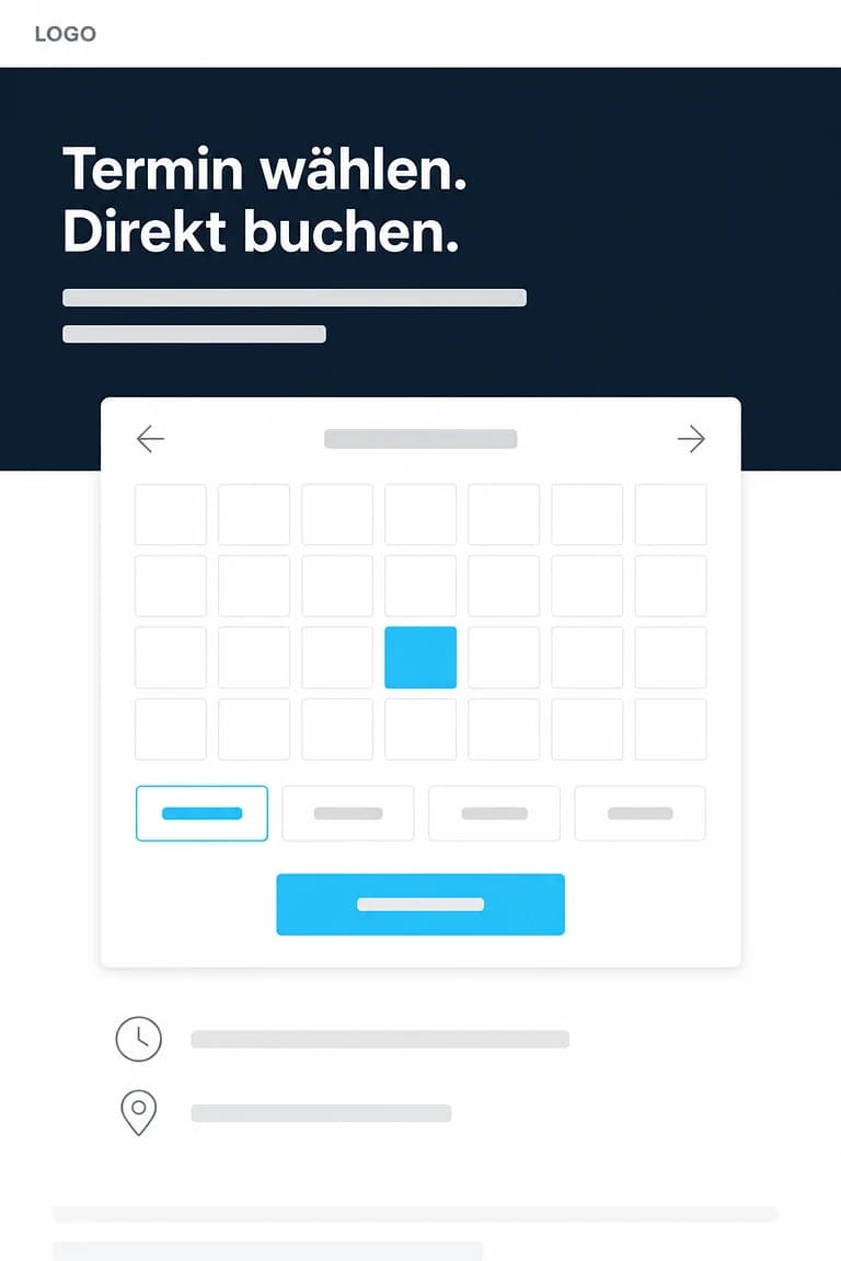 Landingpage für eine Terminbuchung: Kalender mit einem gewählten Tag, darunter vier Uhrzeiten zur Auswahl und eine Schaltfläche
