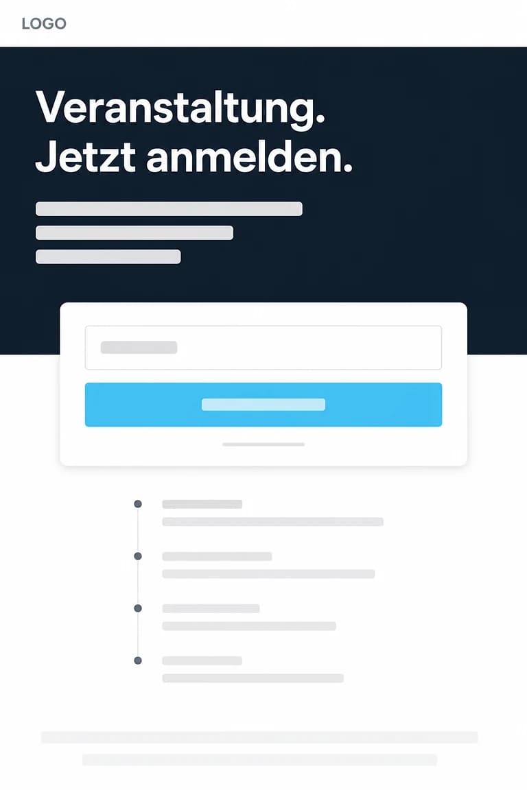 Landingpage für eine Anmeldung: ein einzelnes Feld über einer breiten Schaltfläche, darunter ein Ablauf mit vier Punkten
