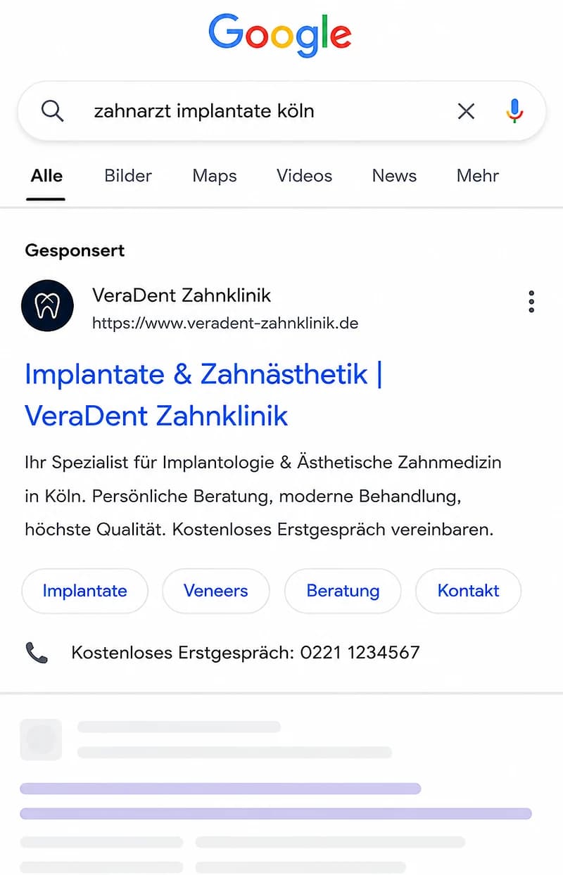 Suchergebnisseite bei Google: über den unbezahlten Treffern eine als gesponsert gekennzeichnete Anzeige einer Beispiel-Zahnklinik mit Titel, Beschreibung, vier Zusatzlinks und Rufnummer