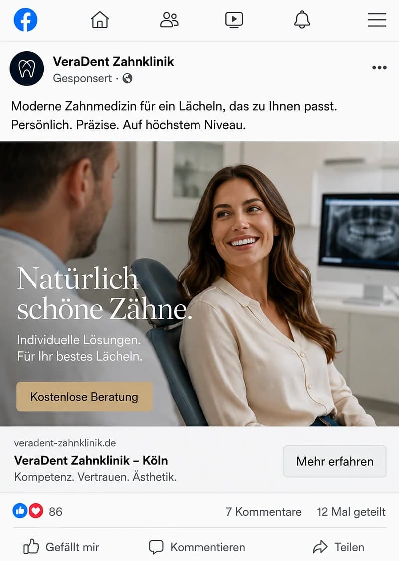 Beitrag im Feed bei Facebook: als gesponsert gekennzeichnete Anzeige einer Beispiel-Zahnklinik mit Text, großem Foto, Schaltfläche und Reaktionsleiste darunter
