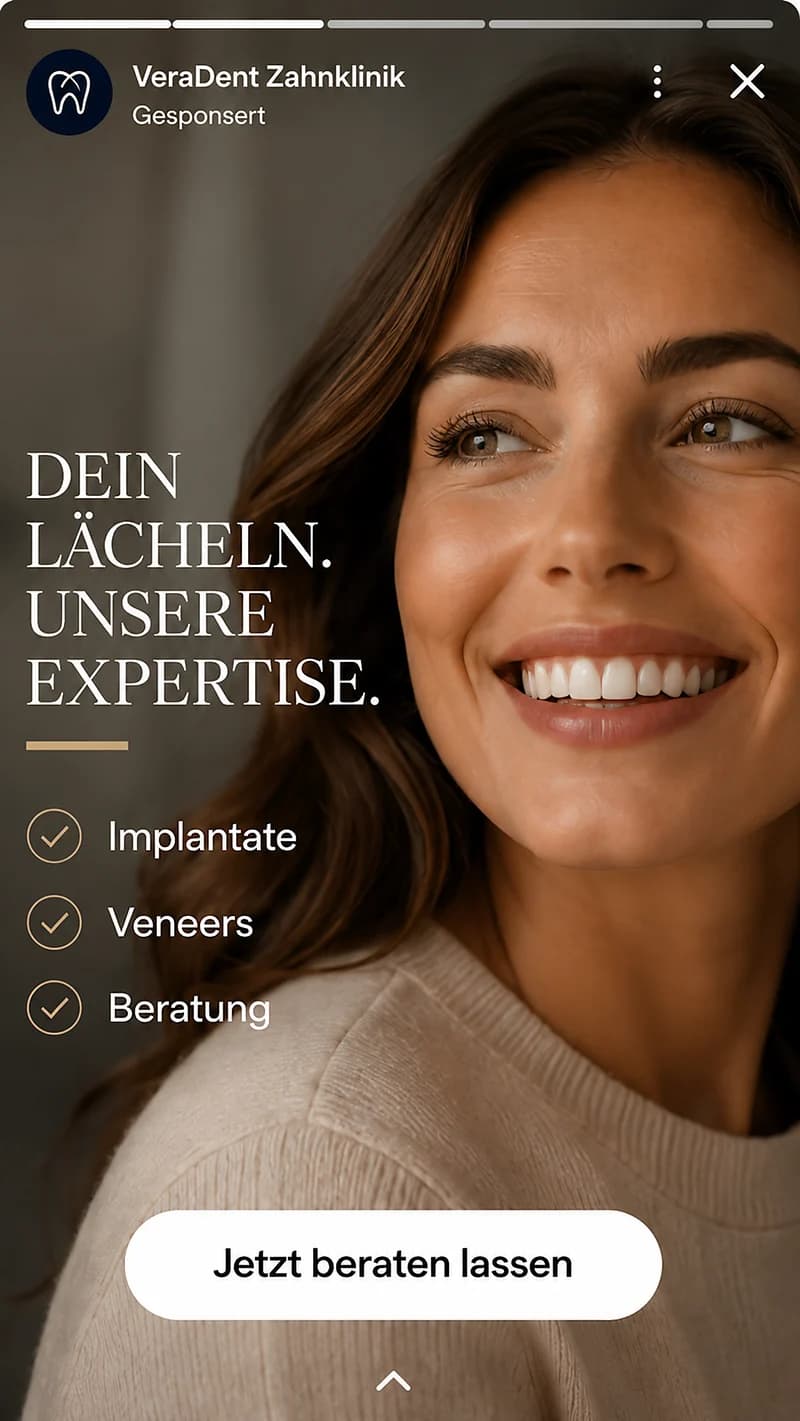 Story bei Meta: bildschirmfüllendes Foto einer Beispiel-Zahnklinik mit Fortschrittsbalken oben, Überschrift, drei Stichpunkten und einer Schaltfläche unten