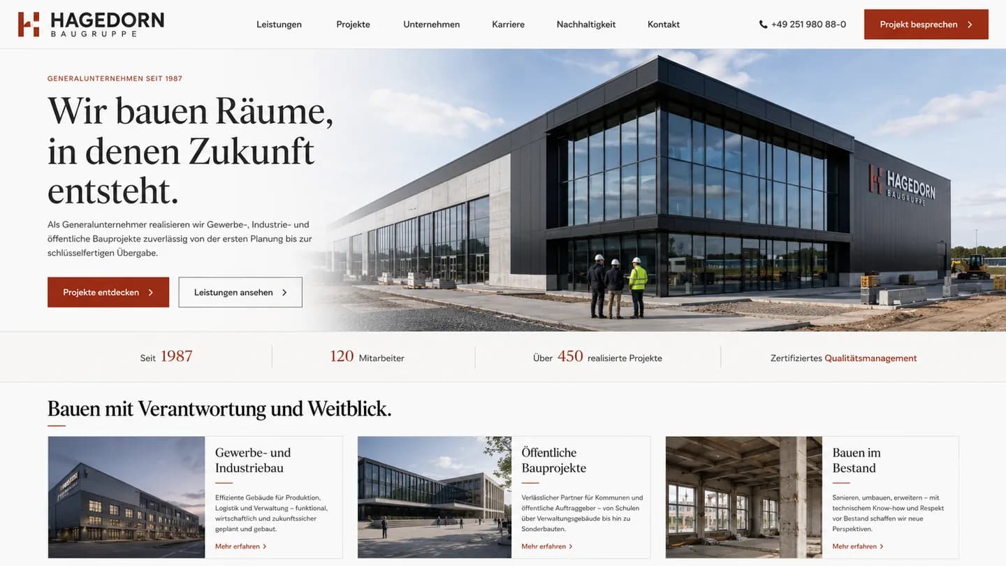 Beispielansicht für ein Bauunternehmen: Kopfbereich mit Bauprojekt, darunter eine Leiste mit Eckdaten und drei Leistungsbereiche