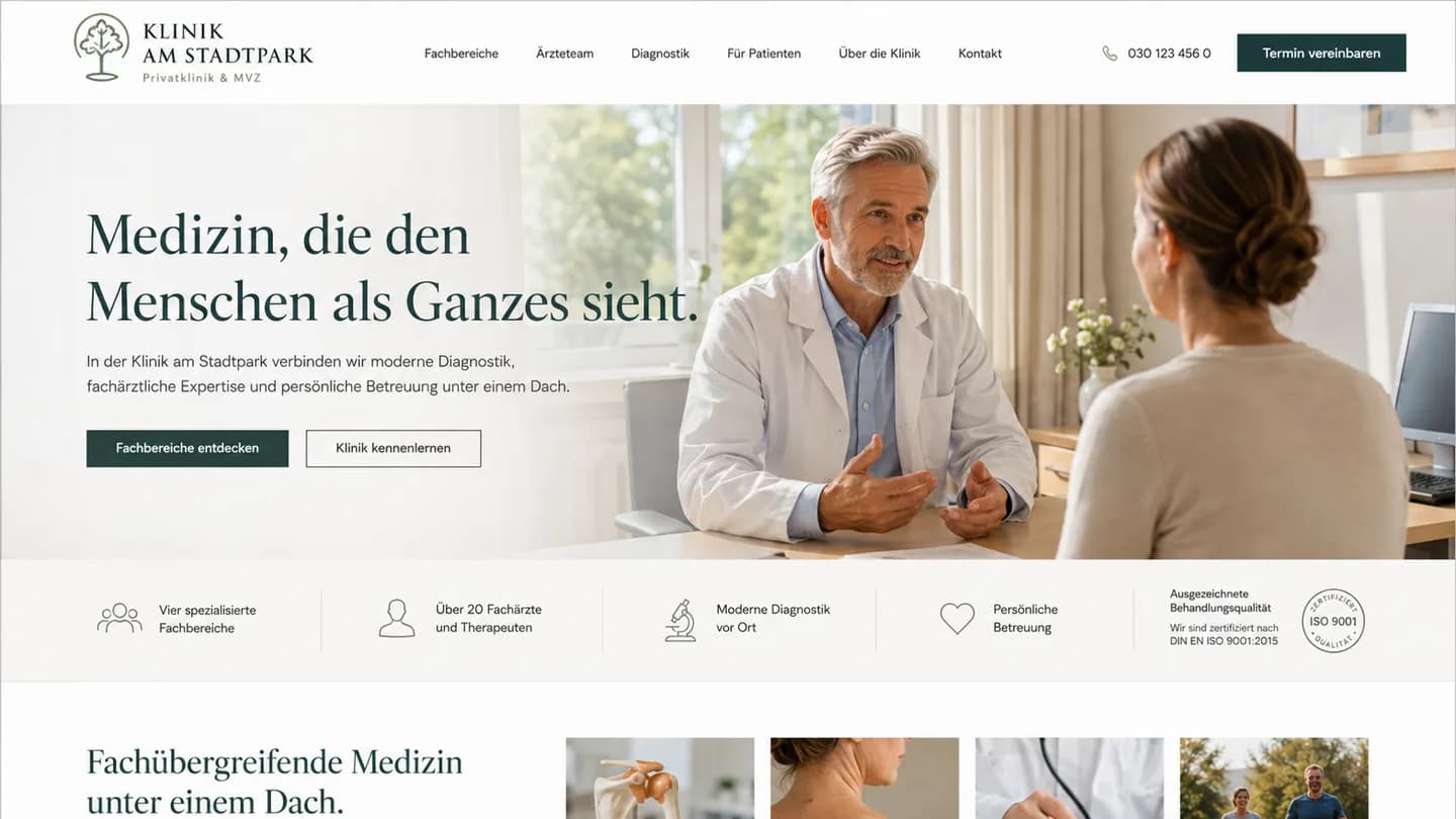 Beispielansicht für eine Privatklinik: Kopfbereich mit Sprechzimmerfoto, Terminschaltfläche und eine Leiste mit Fachbereichen