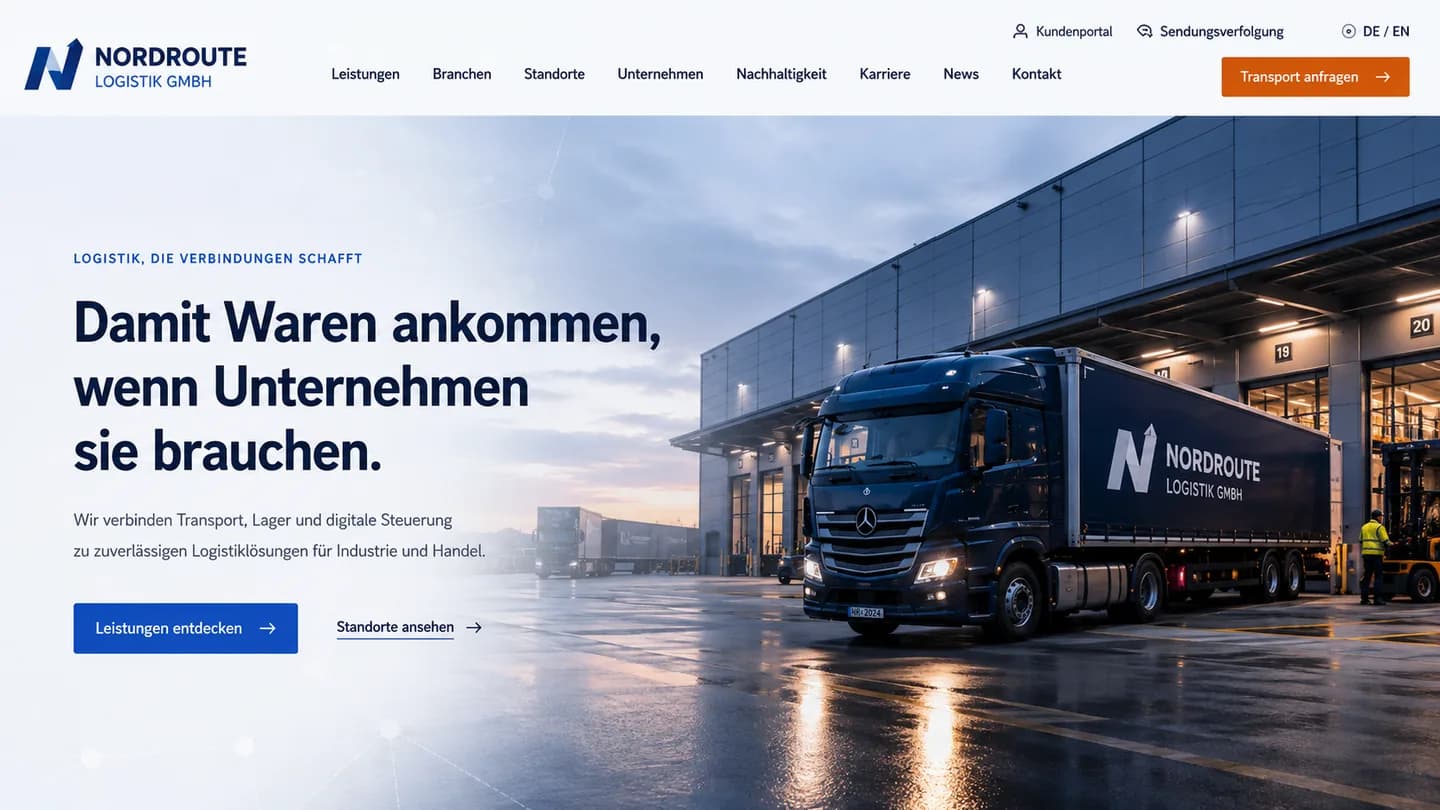 Beispielansicht für ein Logistikunternehmen: Kopfbereich mit LKW am Verladehof und zwei Schaltflächen