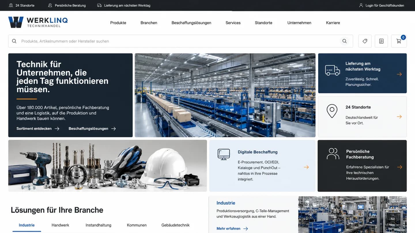 Beispielansicht für einen Technikhändler: Suchleiste über dem Sortiment, Kachelraster mit Produkten und Beschaffungswegen