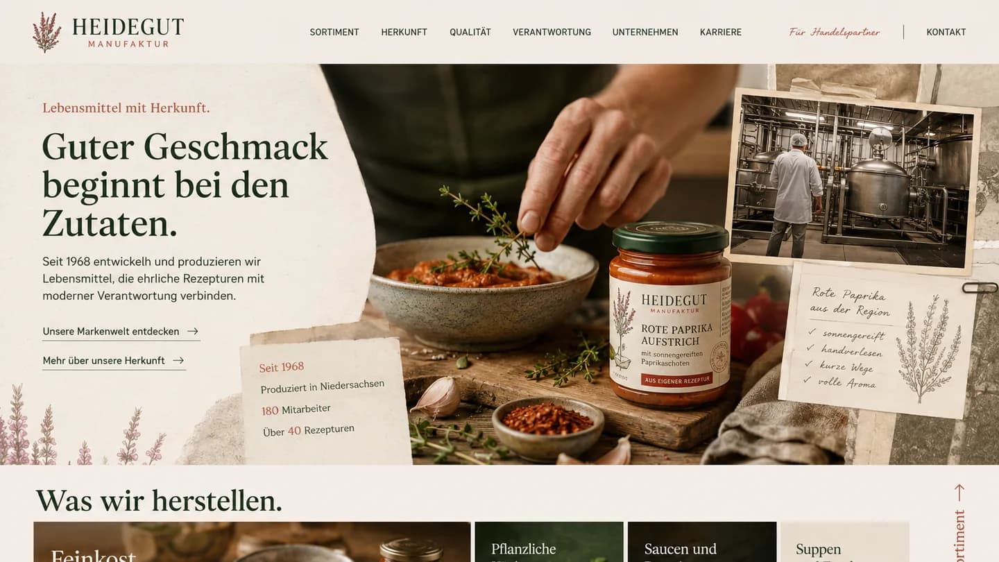 Beispielansicht für einen Lebensmittelhersteller: Kopfbereich mit Produktfoto und darunter die Warengruppen