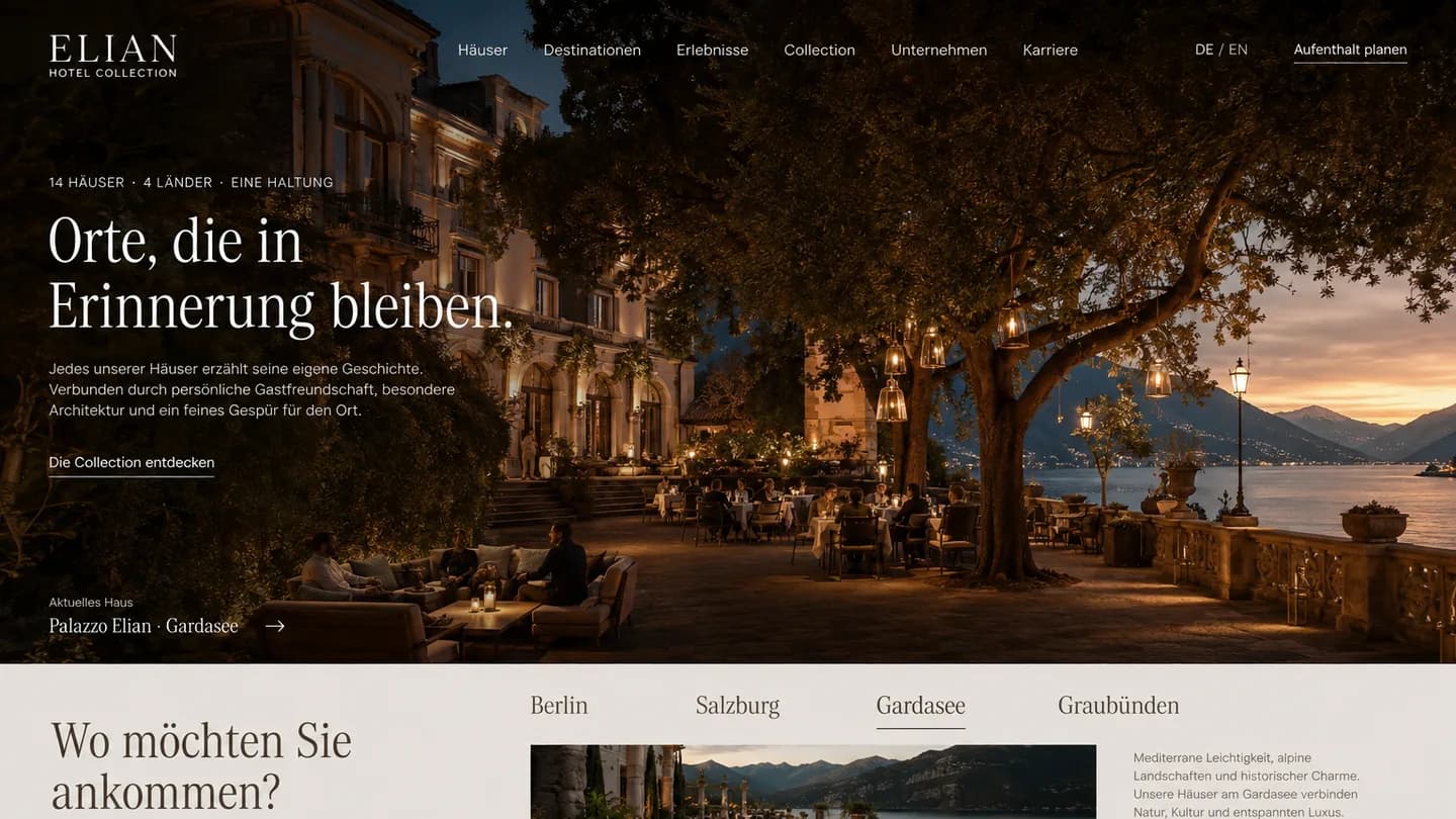 Beispielansicht für eine Hotelgruppe: Abendaufnahme einer Terrasse im Kopfbereich, darunter die Wahl des Reiseziels