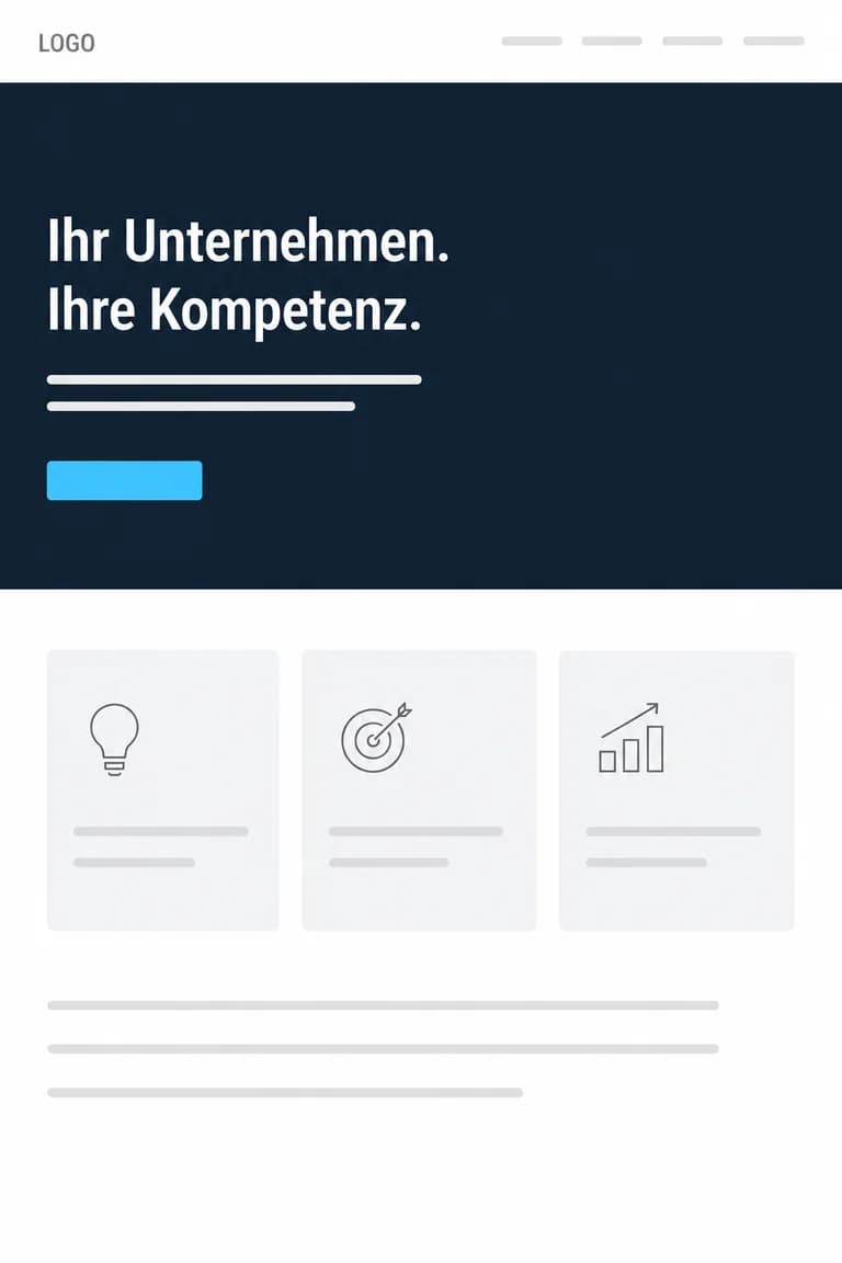 Startseite mit dunklem Kopfbereich, Schaltfläche und drei Leistungskacheln