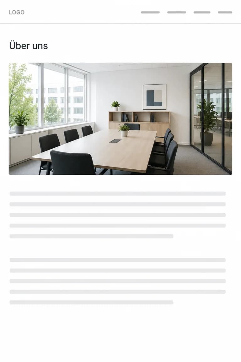 Seite Über uns mit einem Foto der Büroräume und zwei Textabschnitten