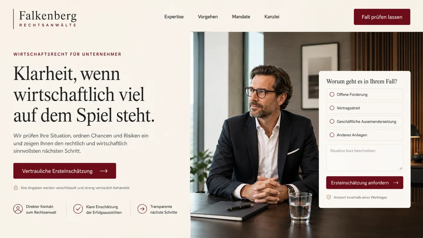 Beispielansicht einer Landingpage für eine Rechtsanwaltskanzlei: links Überschrift und Schaltfläche, rechts ein Foto mit einem Auswahlformular davor