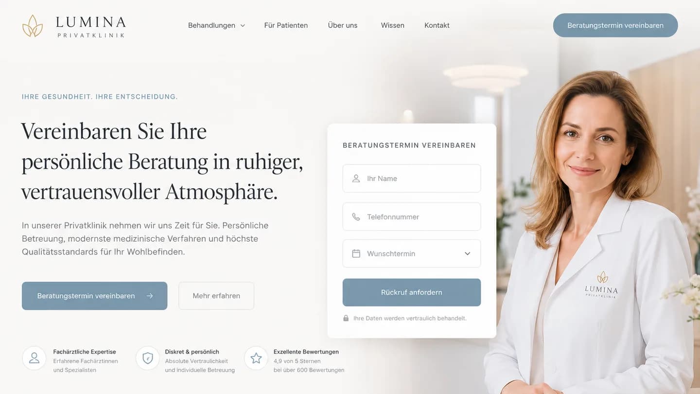 Beispielansicht einer Landingpage für eine Privatklinik: Überschrift links, daneben ein Formular für den Wunschtermin