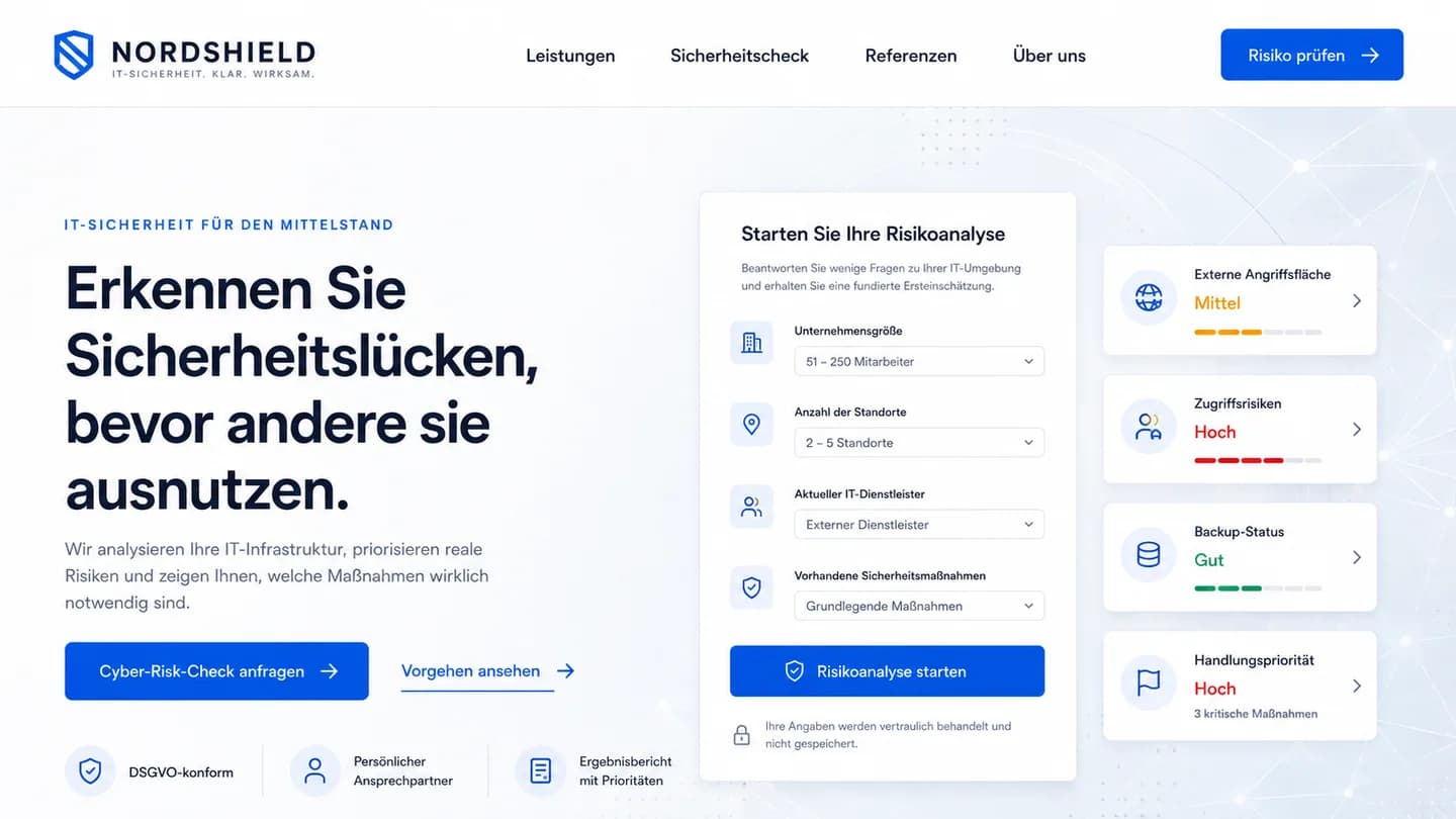 Beispielansicht einer Landingpage für einen IT-Dienstleister: Überschrift links, in der Mitte ein Formular in vier Schritten, rechts die Auswertung
