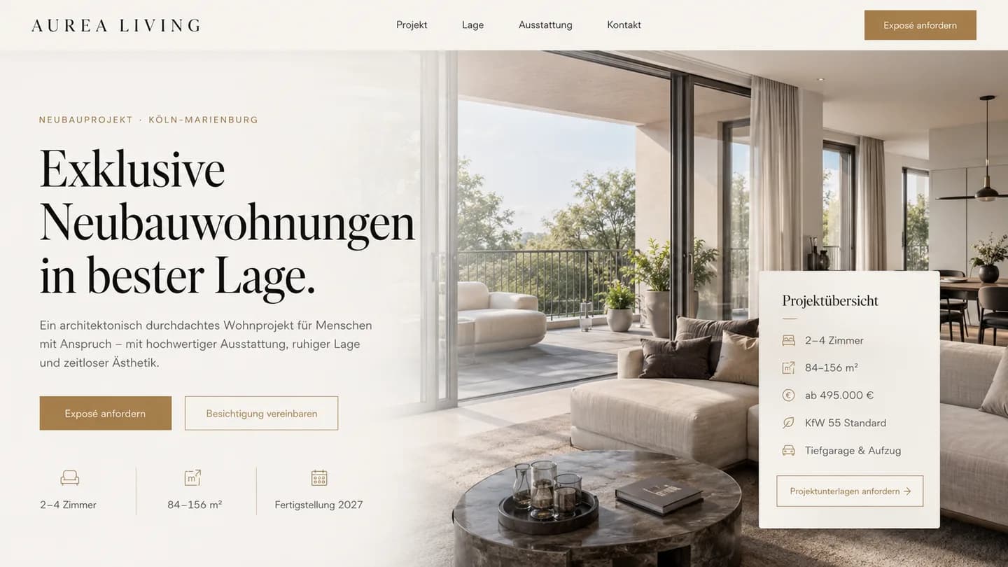Beispielansicht einer Landingpage für ein Wohnprojekt: Überschrift und zwei Schaltflächen links, rechts eine Innenaufnahme mit den Eckdaten