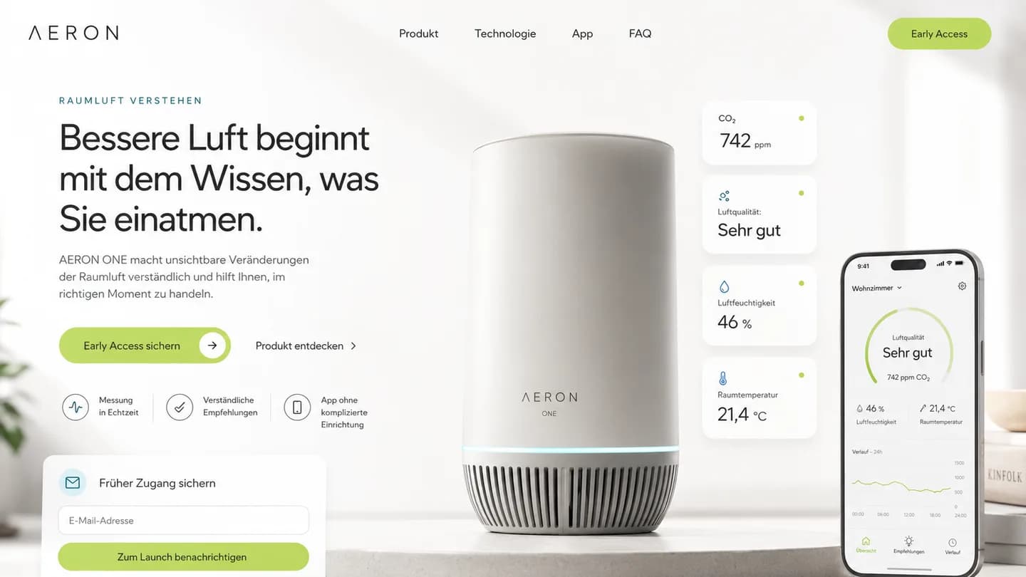 Beispielansicht einer Landingpage für einen Produktstart: Überschrift links, Produktfoto in der Mitte, links unten ein Feld für die E-Mail-Adresse