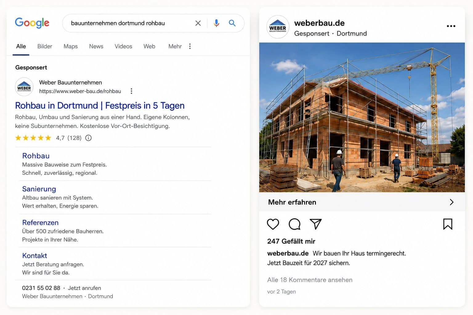 Google-Suchanzeige und Instagram-Anzeige eines Bauunternehmens nebeneinander