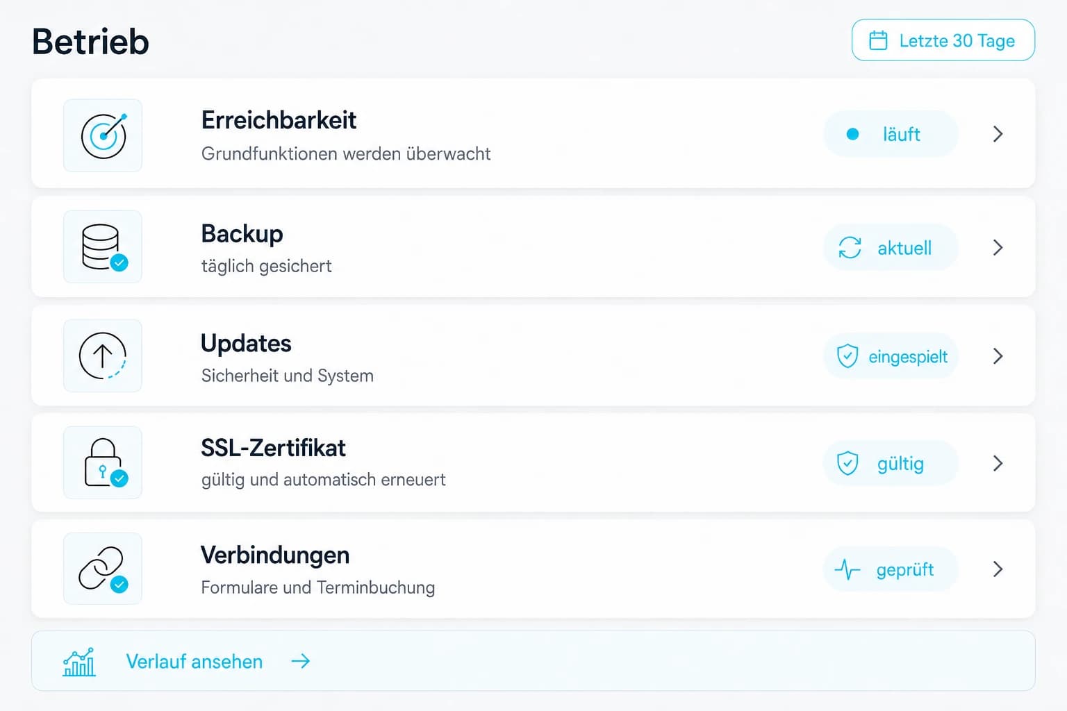 Übersicht mit fünf Zeilen zum laufenden Betrieb: Erreichbarkeit, Backup, Updates, SSL-Zertifikat und Verbindungen, jede mit ihrem Zustand daneben