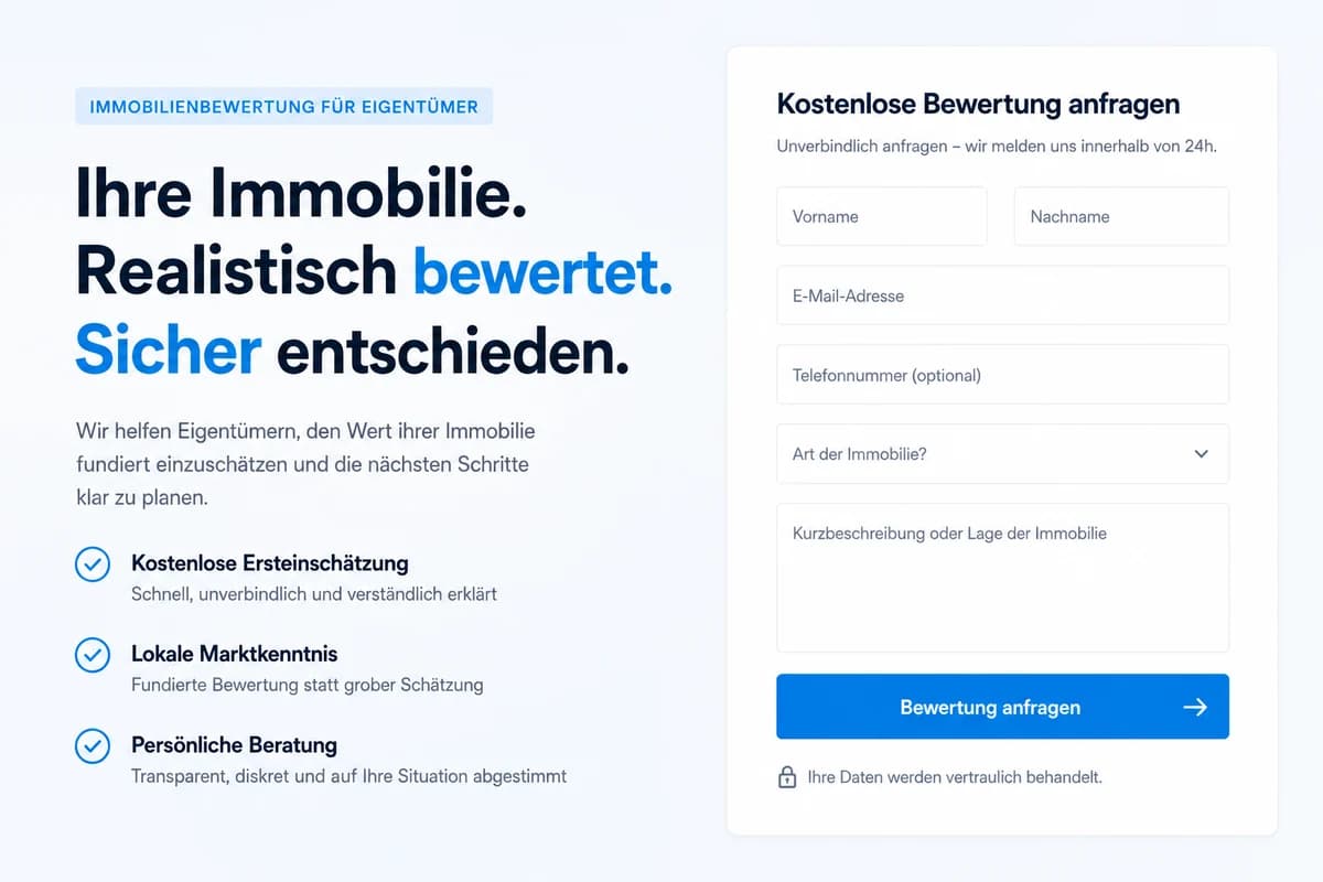 Beispielansicht einer Landingpage für Immobilienbewertung mit drei Nutzenpunkten links und einem Anfrageformular rechts