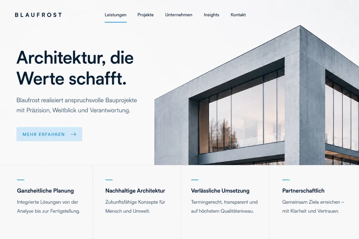 Beispielansicht einer Unternehmenswebsite mit Kopfzeile, großem Aufmacher und vier Leistungsspalten darunter