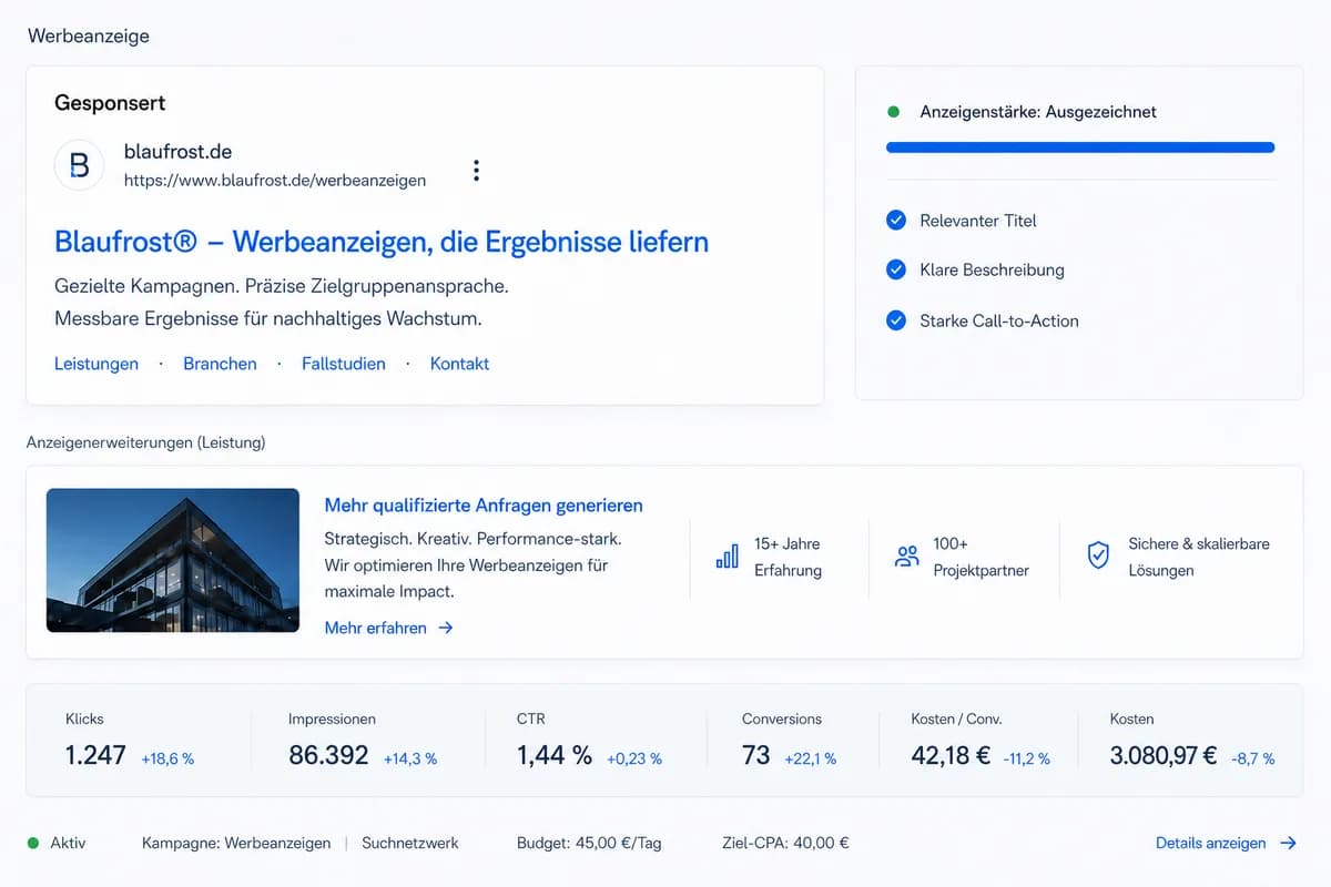 Beispielansicht einer Suchanzeige mit Anzeigenbewertung, Kennzahlen und Kampagnenzeile