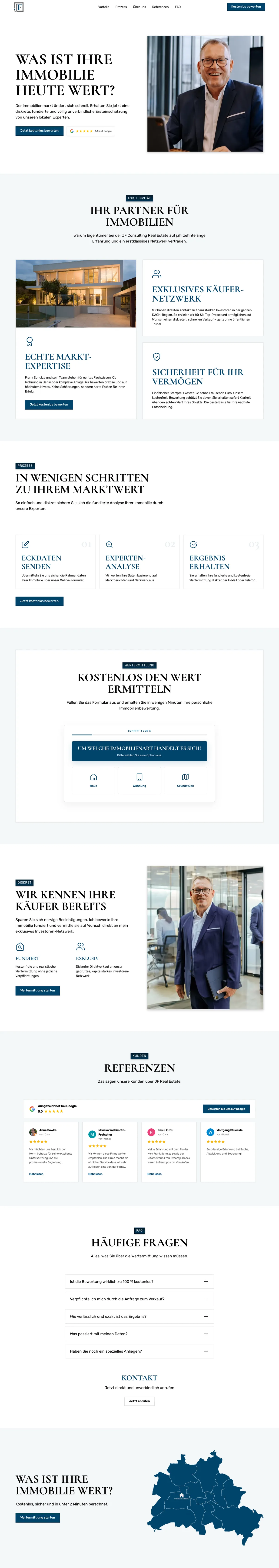 Bewertungsseite für Immobilieneigentümer mit fünfstufigem Formular, Referenzen und häufigen Fragen
